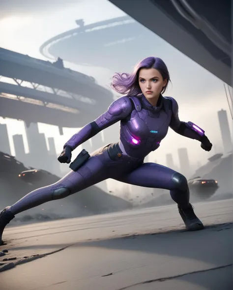 score_9, score_8_up, score_7_up, stunning photograph, (26yo 1girl, beautiful, cute, purple hair, thin, lithe:1.2), full body, Marshallese, detailed background, extravagant Futuristic City setting, (action movie, conflict, battle, fight:1.2)