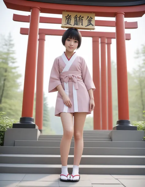 a woman in a pink kimono is standing in front of a red tori tori tori gate