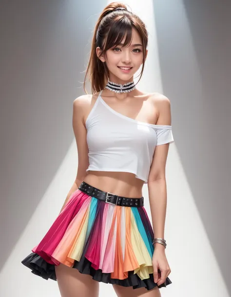 a woman in a white top and a colorful skirt posing for a picture