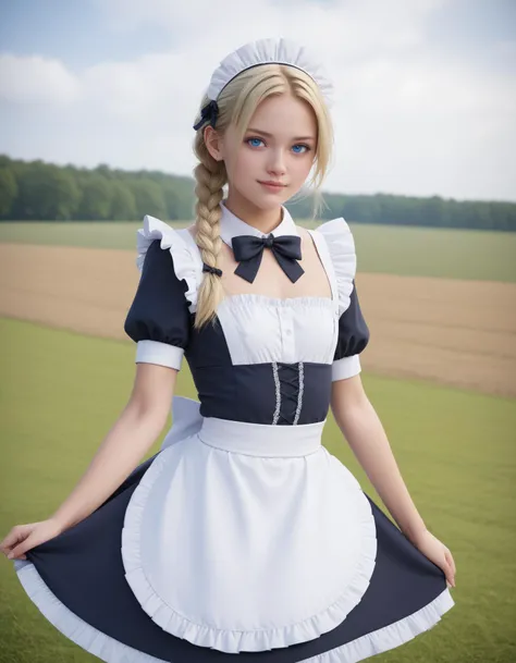 score_9, score_8_up, score_7_up, 1girl, solo,
(Best quality,masterpiece,absurdres,ultra realistic:1.2),
(blonde hair:1.2), (blue eyes, shiny eyes),
single braid hair,
(flat chest:1.1),
slender,
(European:1.1),
maid,maid headdress , maid apron,frills,puffy ...