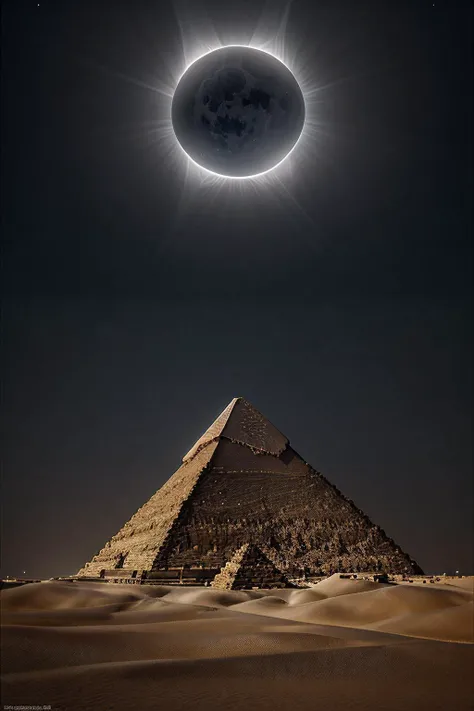 RAW photograph of a (Giza Pyramids in Egypt) at night,with a (C0r0n4 eclipse:0.9) (rising high in the sky above),surrounded by bright solar corona,HDR,(wide angle shot),sharp focus,(highly detailed),(8k wallpaper),intricately detailed,highres,absurdres,hyp...