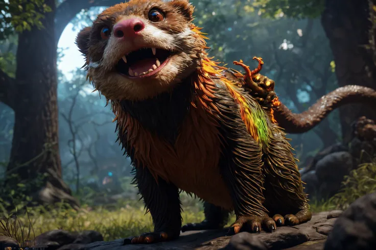 3d render creature animal very big eyes fire otter elemental flush of force nature micro world fluo fishscale, design by pixar and C, unreal 5, daz, hyperrealistic, octane render, cosplay, rpg portrait, dynamic lighting, intricate detail, harvest fall vibr...