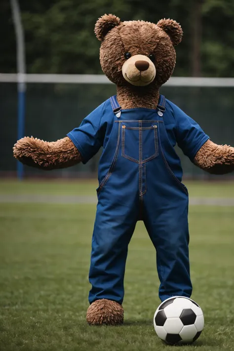 A teddy bear playing soccer, wearing dungarees, in a park, dslr, ultra quality, sharp focus, tack sharp, dof, film grain