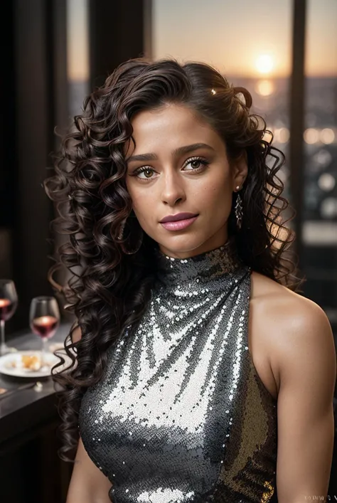 beautiful woman (Deb0r4G0m3s-420:.99), beautiful (curly hair:1.2), (elegant Parisian high-end restaurant :1.1), elegant, (tables with food in background), (bottles of wine in background, wine glasses in background), natural skin texture, (fashionable sequi...