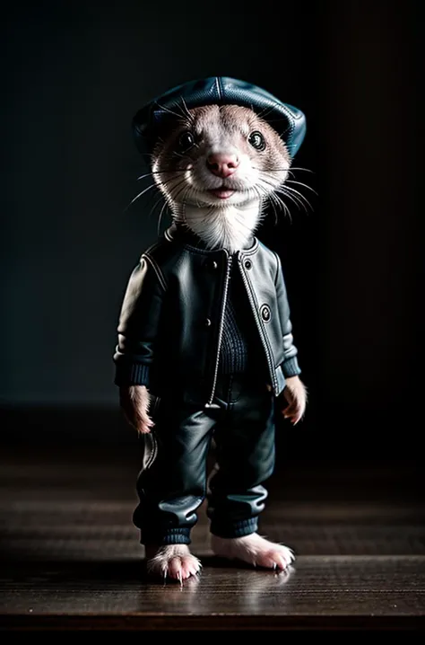 A charming photo of a small anthropomorphic ferret, anthropomorphic ferret feet and hands, dressed like a human, standing like a human, wears leather pants, gray sweater, leather cap, ultra-quality, hyperrealistic, RAW photo, highly detailed, 4k, medium sh...