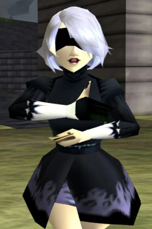 hm2b, black blindfold, covered eyes, mole under mouth, clothing cutout, long sleeves, puffy sleeves, juliet sleeves, feather trim, black thighhighs, black gloves, black dress, black skirt, white hair, bob cut, facing front, (n64style:1), ocarinaoftime, sof...