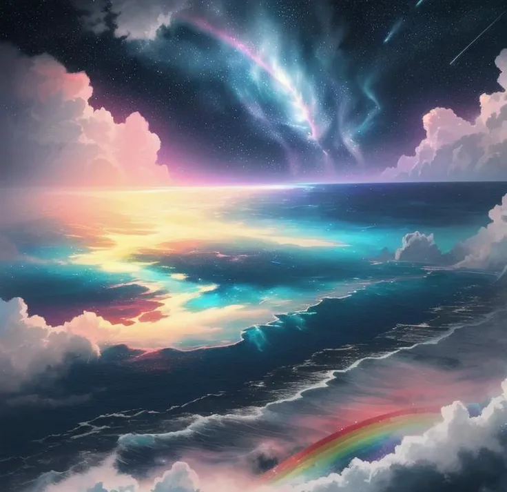 a stormy night sky, over an ocean, in space, ethereal, rainbow colored fog, lightening