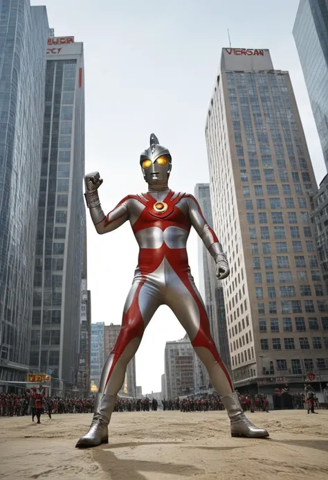 Photography, stvmccrr style, bokeh, low angle,1boy, solo,Ultraman Ace, standing in front of buildings, one hole in the headdress, no face, giant, silver glove and boots, standing, silver helmet, no eyes, no nose, no mouth, yellow glowing eyes, gloves, silv...