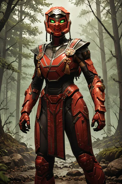 zPDXL3,  <lora:Mk_test:.7>,
Sektor, green eyes, helmet, mask, bodysuit, red body armor, gauntlets, leg armor, pelvic curtain, looking at viewer, standing, outside, forest, fog,