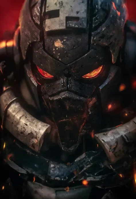 cinematic film still, close up, BlackT40k portrait, clad in power armor. with rich, vibrant colors and meticulous textures for his power armor and helmet, grim dark, vignette, highly detailed, bokeh, moody, epic, film grain,