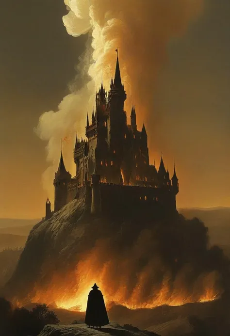 an enormous castle on a hill.  The castle is engulfed in flames, fire shooting out of widows, massive smoke clouds billowing up from the fire.  In front of the castle, a lone figure is silhouetted.