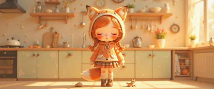 a doll, orange hair, braids, cute, eyes closed, rosy cheeks, tall figure, fox hoodie, short skirt, fox tail behind, pastel socks, brown shoes, in a pretty kitchen, 3d,