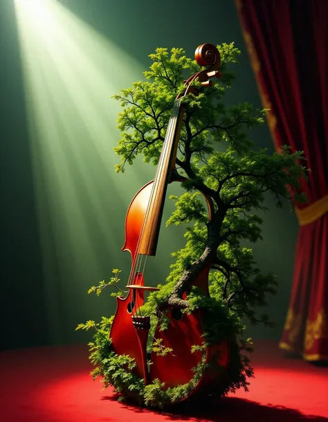 opera theatre background, single spotlight, a red wood violin double exposure with an green forest in sunny day
 <lora:flux_doub...