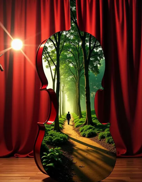 opera theatre background, single spotlight, a red wood violin double exposure with an green forest in sunny day
 <lora:flux_doub...