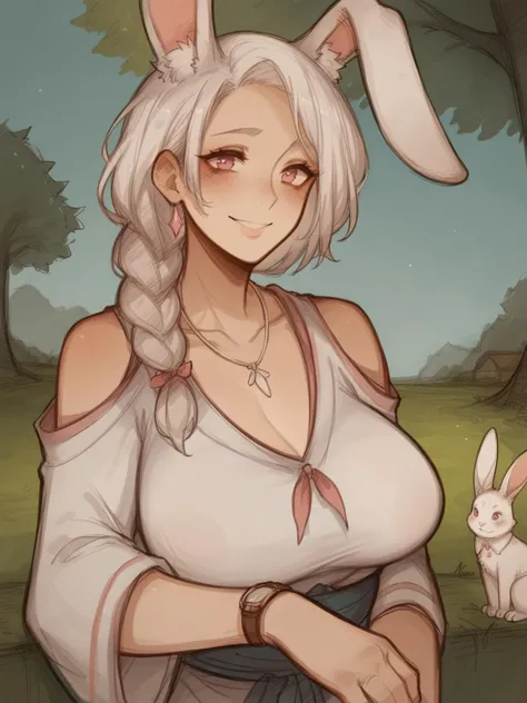 score_9,score_8_up,score_7_up,2D,solo,
one girl,medium hair,braided ponytail,white hair,white rabbit ears,light pink eyes,ear fluff,rabbit girl,white fur,
white robes,(watch necklace:1.2),(timepiece:1.2),light pink ribbon,
somber smile,soft expression,blus...