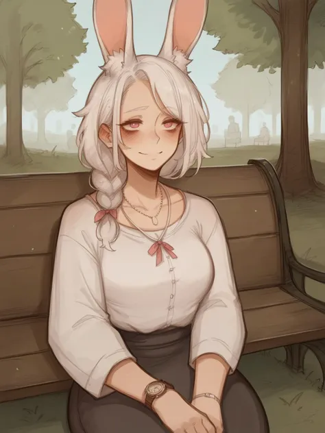 score_9,score_8_up,score_7_up,2D,solo,
one girl,medium hair,braided ponytail,white hair,white rabbit ears,light pink eyes,ear fluff,rabbit girl,white fur,
white robes,(watch necklace:1.2),(timepiece:1.2),light pink ribbon,pocket watch,
somber smile,soft ex...