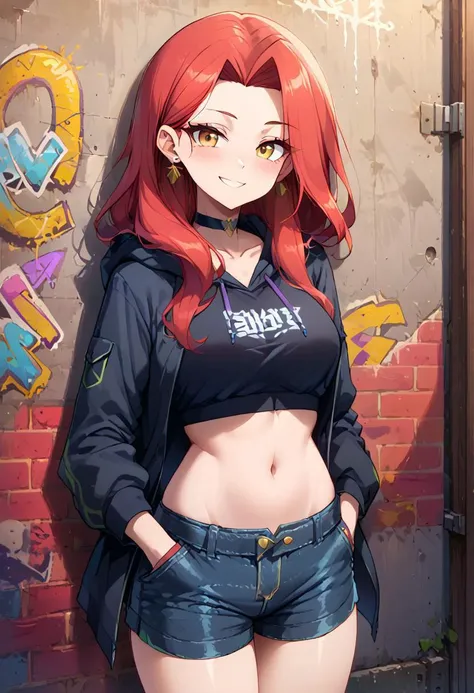 score_9, score_8_up, score_7_up,1girl,skinny,mature,solo,intense red hair,straight hair,inner hair color,long hair,symmetrical bangs,yellow eyes,eyebrows,black hoodie,midriff,cargo shorts,choker,hair behind ear,looking at viewer,smile,graffiti wall,leaning...