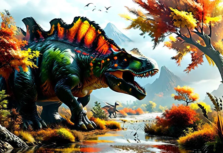 I want a realistic depiction of an extinct world of dinosaurs in the image to have a variety of animal species from the age of dinosaurs as well as a variety of vegetation characteristic of that period photo realism with autumn focus and correct and accura...