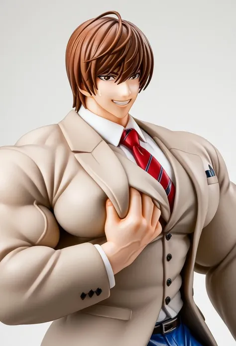 score_9, score_8_up, score_7_up, source_anime, highly detailed, 
, solo, 1boy, male focus, smile, grin,Light Yagami, Brown hair, brown eyes, red tie, white shirt, blue pants,Beige Blazer, Beige vest, Beige Blazer Beige vest the open long sleeved clothing,p...