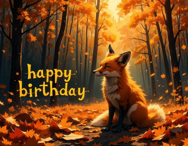 fox in the autumn forest, text from the leaves of "happy birthday"