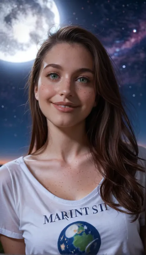 Stable_Yogis_PDXL_Positives
 sensitive, 1girl, solo, long hair, looking at viewer, smile, shirt, brown hair, green eyes, collarbone, white shirt, upper body, short sleeves, parted lips, sky, artist name, lips, night, moon, star (sky), night sky, full moon,...