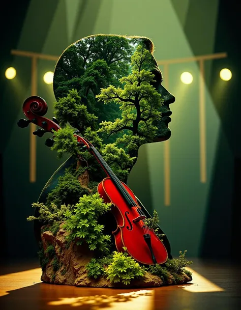 opera theatre background, single spotlight, a red wood violin double exposure with an green forest in sunny day
 <lora:flux_doub...