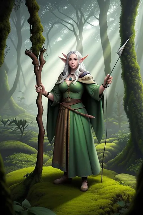 An elven archer with long, silver hair and pointed ears, standing gracefully in an enchanted forest. She wears a cloak of green and brown, blending with the mossy surroundings. Her bow is drawn, aimed at a target in the distance, while beams of sunlight fi...