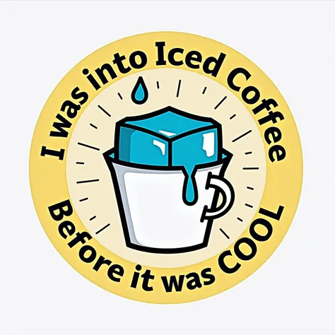 a jaunty and colorful simple logo of an ice cube melting into a coffee cup,  logo is for a trendy hipster coffee shop, text says "I was into Iced Coffee before it was COOL"