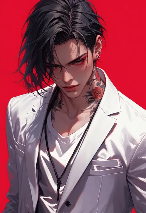 score_9, score_8_up, score_7_up, , g4n1m3, comicbookpage style,
a portrait of a handsome male, long black hair tied up into a bun, he is wearing a white blazer. the male is dressed in a sleek white blazer, paired with a red round neck T-shirt. With tattoos...