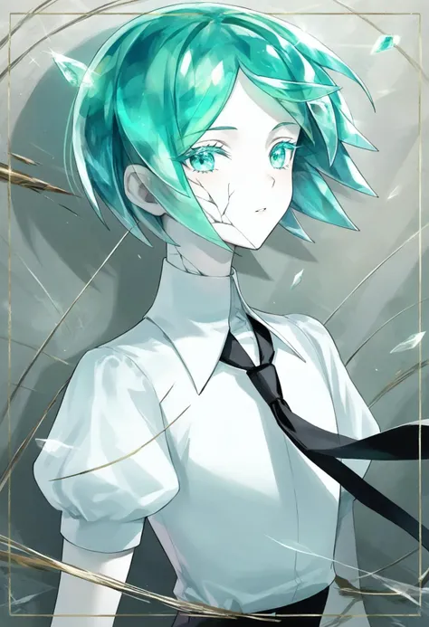 newest, absurdres, highres, sensitive, masterpiece, best quality,gem uniform (houseki no kuni), phosphophyllite, solo, other focus, 1other, necktie, crystal hair, androgynous, short hair, looking at viewer, shards, aqua eyes, aqua hair, colored eyelashes, ...