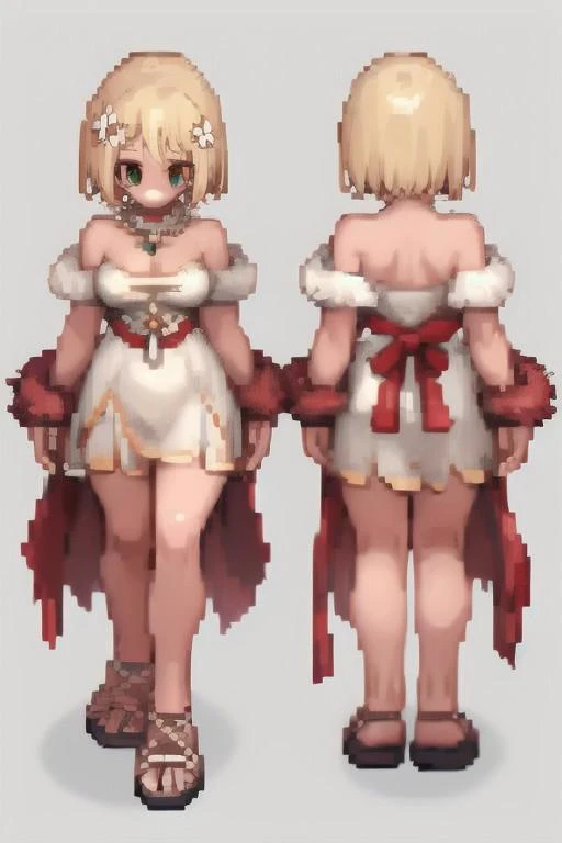 RoSprite, 1girl, solo, full body,aphrodite, revealing clothes, red fur, pixel shader, toon shader, exaggerated body proportions, big breasts, multiple views, RoSprite, easynegative, aphrodite, blonde hair, short hair, hair flower, white dress, revealing cl...