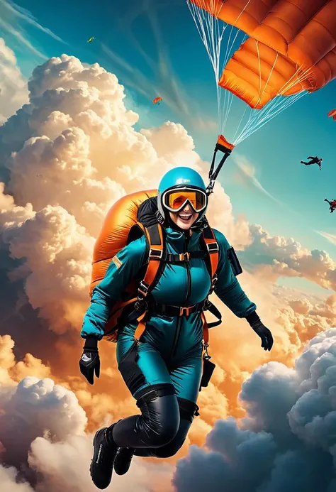 Dark fantasy illustration. Fantasy concept art. Medium shot. Active woman with blonde hair and happy expression, wearing huge puffy black skydiving suit, with zipper down, and large puffy hood and goggles. Unfurling parachute bag on her back. Deep in a dra...