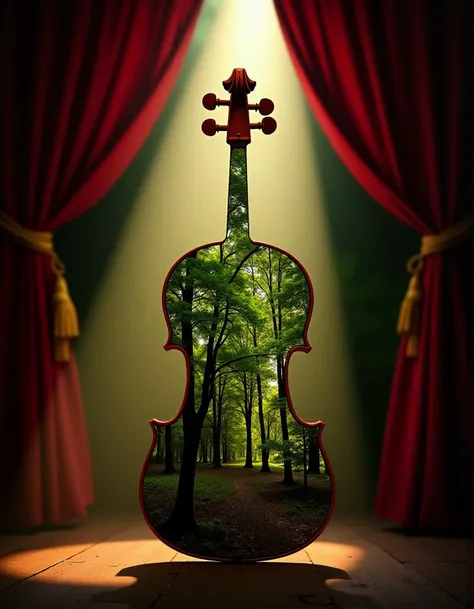 opera theatre background, single spotlight, a red wood violin double exposure with an green forest in sunny day
 <lora:Flux_DoubleExposure:1> Jeddblexpsre,double exposure