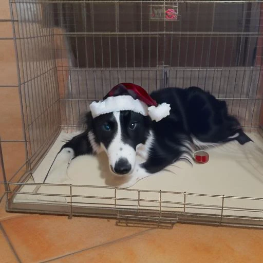 tongue out, sif, white fur, pet bowl, realistic, animal, bordercollie, fence, santa hat, milk, boots, door, lying