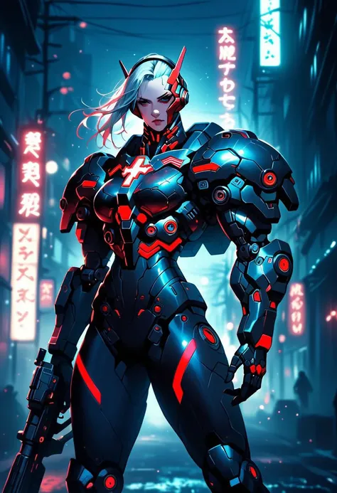 score_9, score_8_up, score_7_up, cyberpunk anime, stunning Japanese woman wearing (red and black sci-fi power armor:1.3), headphones, (dark eyeshadow:1.2), holding an assault rifle, standing on a neon-lit cyberpunk street at night, vibrant (neon signs:1.3)...