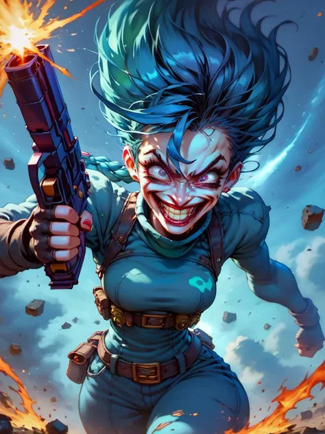 score_9, score_8_up, score_7_up,seductive female League of legends Jinx character fighting at war, raging, crazy smile, crazy eyes, rocket lancher, guns, crazy face expression, character design, body is adorned with glowing golden runes, intense green aura...