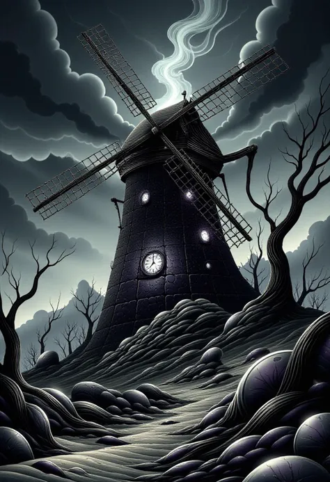 A surreal painting of a windmill made of darkness, standing ominously in a cluttered environment filled with chaotic elements like twisted trees, broken clocks, and floating debris. The windmills blades appear to be absorbing light, creating an eerie contr...