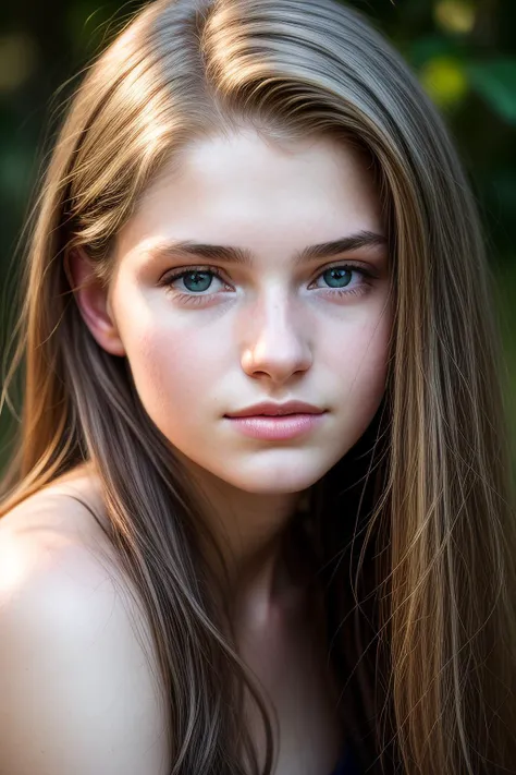 a close up of a young girl with long hair and blue eyes