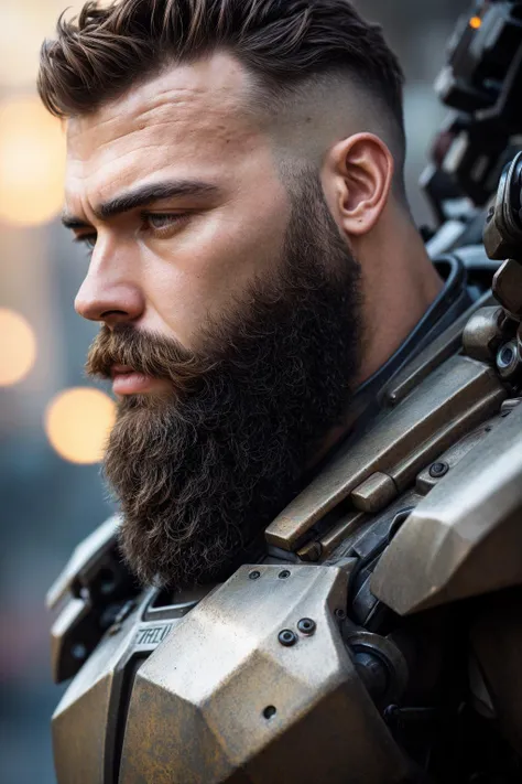 a close up of a man with a beard and a futuristic suit