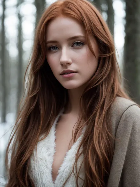 a woman with long red hair and a white top in the woods