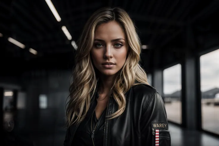 a woman in a black leather jacket standing in a dark room