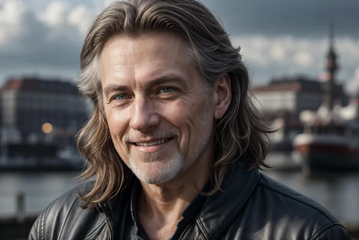 arafed man with long hair and a leather jacket smiling