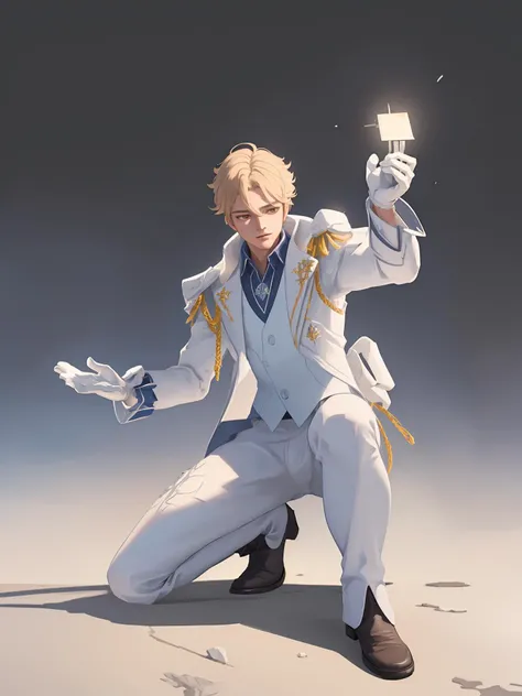 cowboy shot,1boy,sunce,white uniform,male focus,One hand reaches for the lens,One knee,white gloves,floating city(((masterpiece))),�(((best�quality))),�((ultra-detailed)),�(illustration),�(detailed�light),((an�extremely�delicate�and�beautiful)),dramatic_sh...