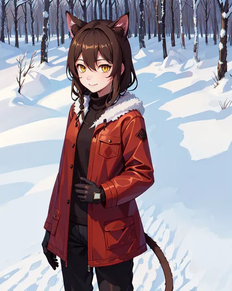 masterpiece, high quality, YVAO, 1girl, smile, animal ears, braid, brown hair, cat ears, hair between eyes, long hair, tail, yellow eyes, standing, cowboy shot, long winter coat, gloves, pants, forest, night, outdoors, winter, snow, tree, <lora:YVAO-new-2:...