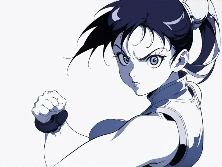 (white background:1.2),simple background,monochrome, blue theme, 
1990s (style), retro artstyle, upper body, solo, face focus, street fighter zero (series),  anime screencap, 
chun-li, bare shoulders,  fighting stance, looking at viewer, 
<lora:hifi_v10:1>...