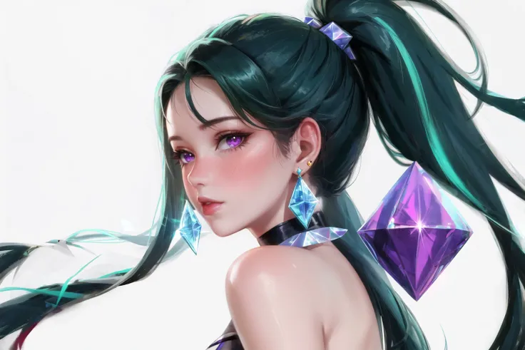 1girl, bangs, bare shoulders, black hair, blush, crystal, earrings, from side, green hair, jewelry, k/da (league of legends), kaisa, long hair, looking at viewer, ponytail, purple eyes, shiny, solo, white background,realistic