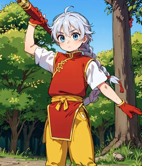 masterpiece, anime screencap, 1 boy, solo, white hair, blue eyes, braid, chinese clothes, red shirt, ((white sleeves)), (yellow pants), full body, outdoors, forest, cowboy shot  <lora:Tir:0.6>  <lora:Freyjadour:0.7>