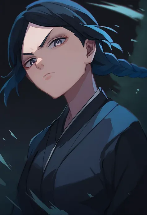 a close up of a person with blue hair and a black shirt