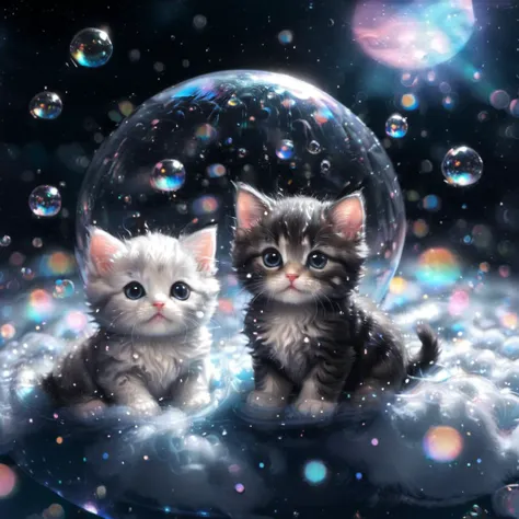 Little tiny kittens floating inside bubbles through the clouds, super fluffy, fluffed out, fluffy puffs, night time, stars, crescent moon background, masterpiece, highly detailed, unbearably cute and cuddly. OMG
 <lora:sdxl_++:0.8>, SDS_Particle_Flow