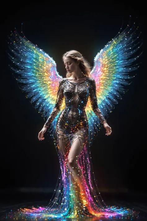 a woman in a colorful dress with wings and glitters